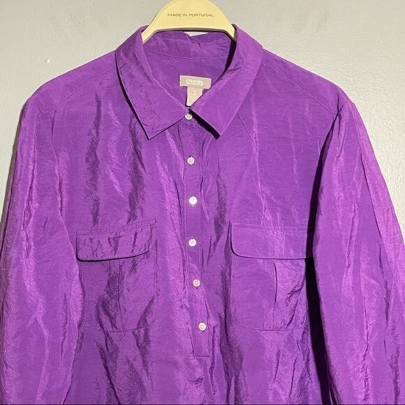Chico Blouse Button Shirt Women Size 2 L/12 Solid Vibrant Purple Workwear Pocket - Picture 3 of 9